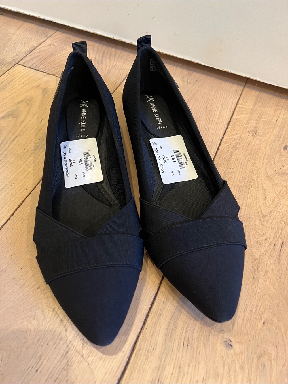 Anne Klein Black Pointed Toe Slip-On Flats with Crossover Vamp